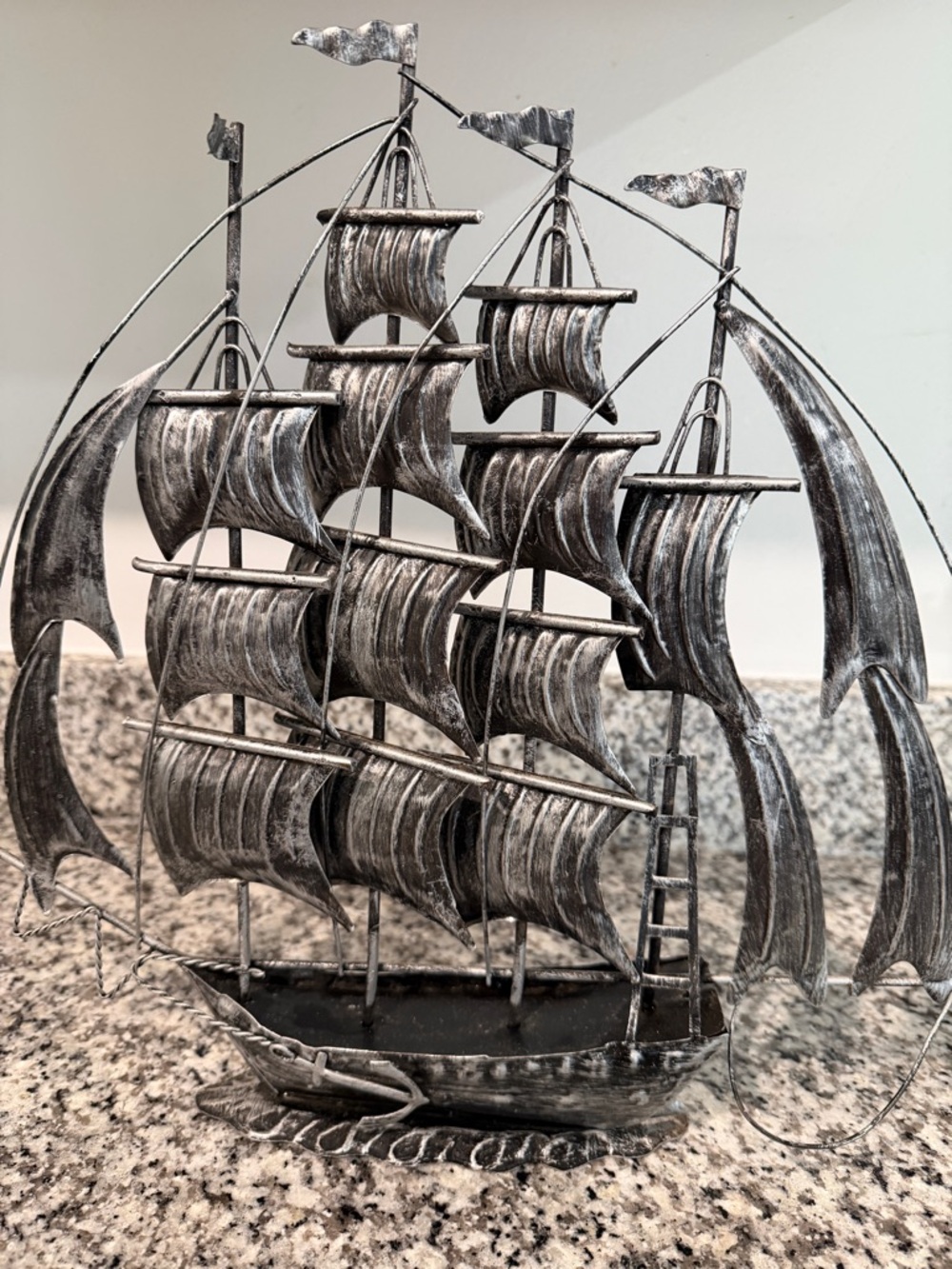 Decorative Metal Sailing Ship Sculpture - Silver Finish